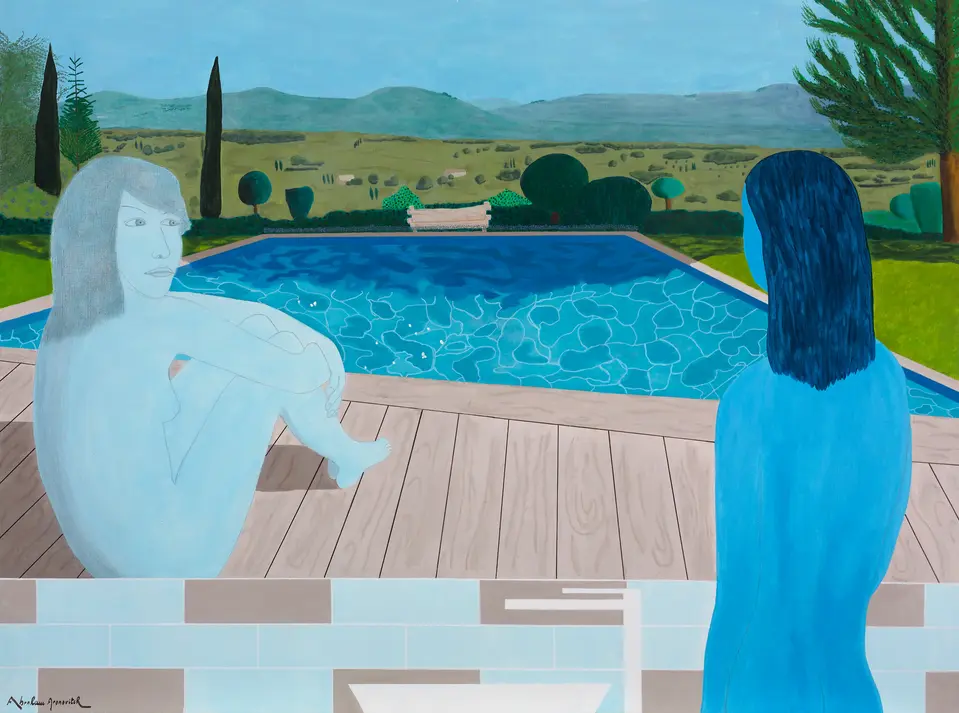 Peinture figurative d'Abraham Aronovitch montrant une femme bleutée face au miroir d’une salle de bain, tandis que son reflet la projette assise au bord d’une piscine ouverte sur un paysage naturel. L’œuvre Escape évoque le désir de s’extraire de la pression urbaine et professionnelle, et le besoin de s’échapper mentalement vers un espace de calme et de liberté. Complete gallery