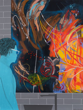 Abraham Aronovitch-Tableau art contemporain-portrait-figuratif-abstrait-coloré- scene de vie- salle de bain-homme- interrogation - monde futur-gris-bleu-jaune-rouge-art moderne