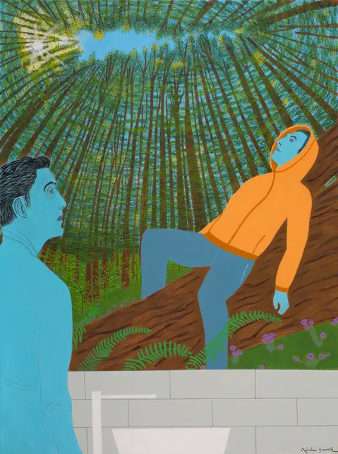 Peinture figurative d'Abraham Aronovitch montrant une figure masculine bleue observant, à travers un miroir, un personnage vêtu d’un manteau orange, allongé sur un tronc d’arbre au cœur d’une forêt dense et observant le ciel. L’œuvre Need Rest évoque l’épuisement intérieur, la nécessité du repos et le besoin de se reconnecter à un rythme plus lent, en dialogue avec la nature. Complete gallery