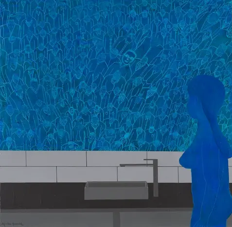Peinture figurative d'Abraham Aronovitch montrant une figure solitaire bleue face à un miroir envahi par une multitude de silhouettes anonymes dessinées en bleu clair. L’œuvre Emporté par la foule évoque la dissolution de l’individu dans la masse, la pression collective et la perte de singularité sous le regard du groupe. Complete gallery