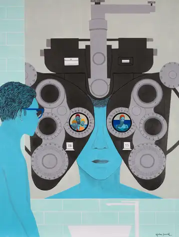 Contemporary figurative painting depicting a phoropter replacing the bathroom mirror, obscuring the subject’s face.