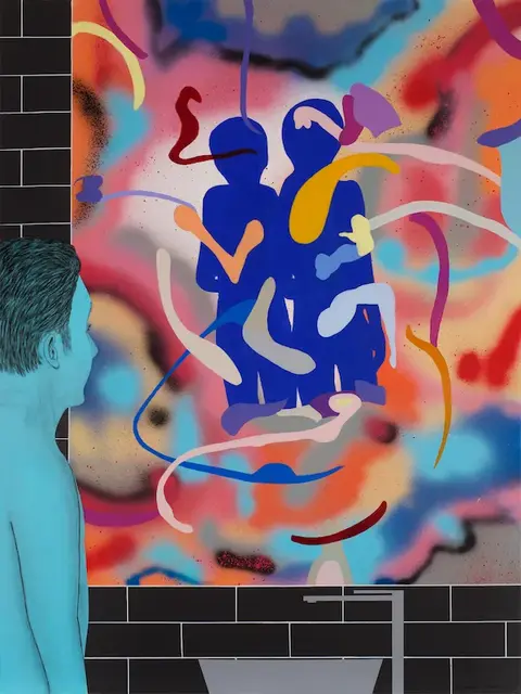 "Still Confused", œuvre figurative-abstraite d'Abraham Aronovitch. peinture figurative abstraite d'Abraham Aronovitch. Une figure monochrome est représentée face à un miroir de salle de bain, observant le reflet de deux silhouettes bleues sur un fond aux éclats de couleur abstraits. Peinture de la série Behind the Obvious sur l'introspection. Néo-figuration Existentielle. Complete gallery
