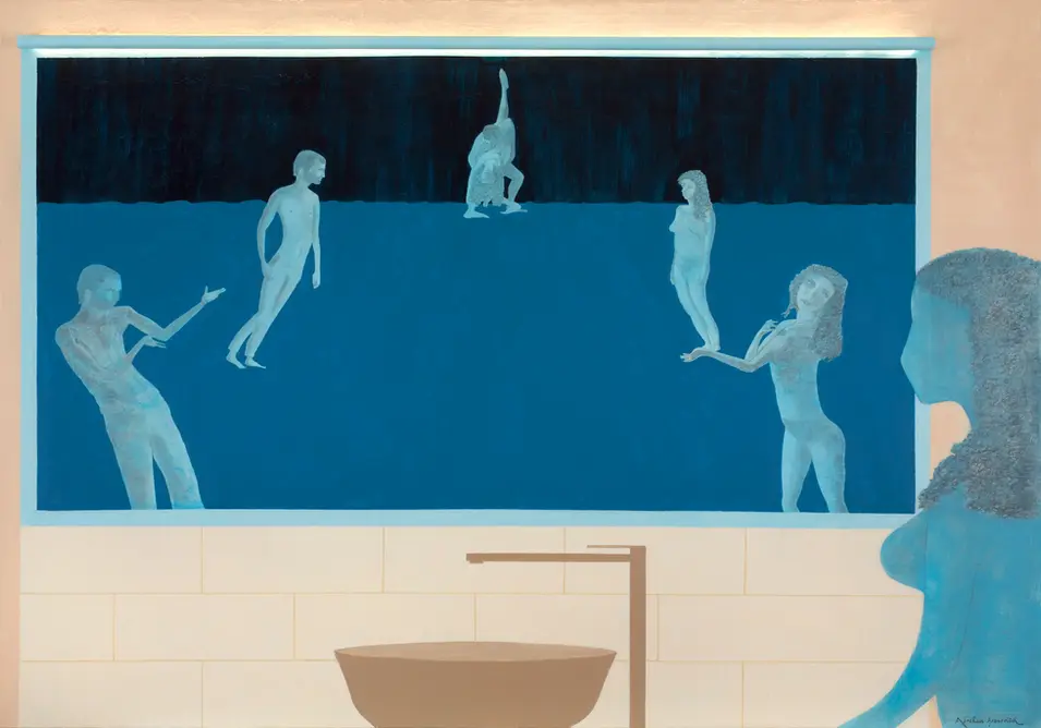 Peinture figurative existentielle d'Abraham Aronovitch montrant, dans un miroir de salle de bain, plusieurs figures nues aux tonalités bleutées disposées comme une scène chorégraphique, suspendues dans un espace bleu profond. L’œuvre Ballet en 3 actes évoque le mouvement, la mise en scène des corps et la théâtralité des relations humaines à travers une composition rythmée et silencieuse. Complete gallery