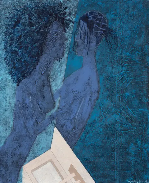 Peinture figurative d'Abraham Aronovitch montrant deux figures aux tonalités bleutées, très proches l’une de l’autre, se faisant face de part et d’autre d’un miroir de salle de bain. L’œuvre Closer Than This explore l’intimité du couple, la porosité entre soi et l’autre, et la frontière fragile entre proximité affective et identité individuelle. Complete gallery