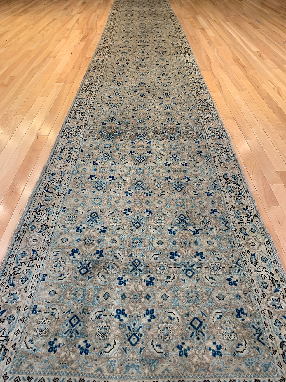 Thumbnail: Tabriz Persian Runner, measuring 2'8" x 17'3" in gray, beige, and blue. This handmade runner uses wool and cotton