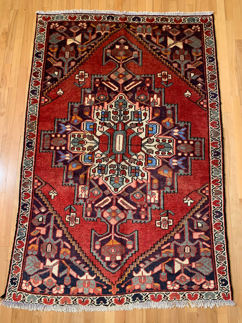 Persian Mahal  4' x 7' Hand-knotted,Wool and cotton, reds, greens, blues, gold and cream. central medallion,geometric border.