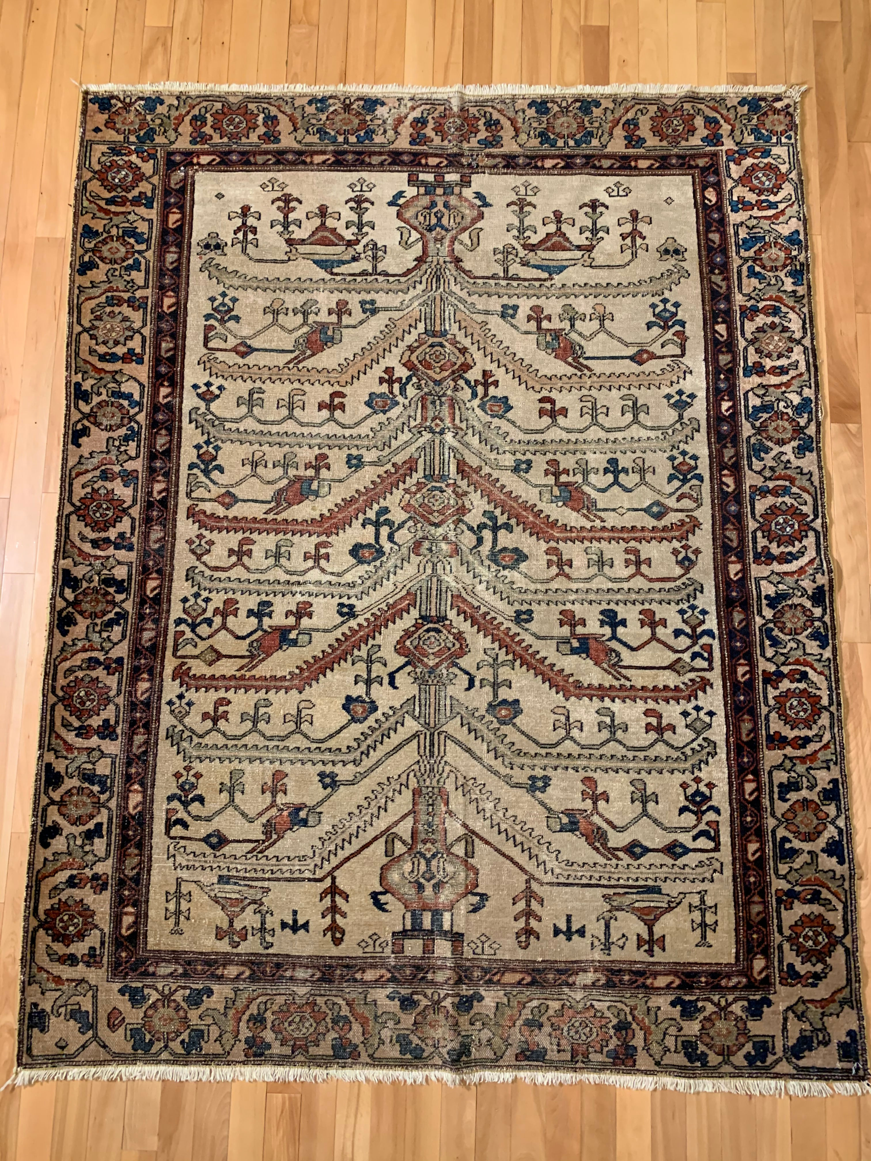 northwestern region of Iran, where Lilihan rugs,hand-knotted,Tree of Life Motif, cream, brown, red, and blue,wool and cotton