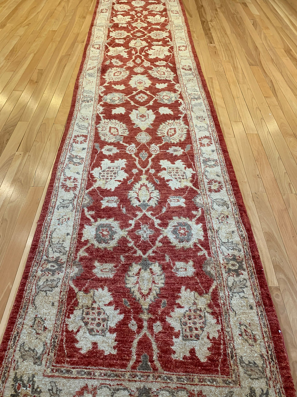 Mahal  rug at Persian Gallery. Hand-knotted in Pakistan, the classic Mahal design, red and beige, made with wool and cotton