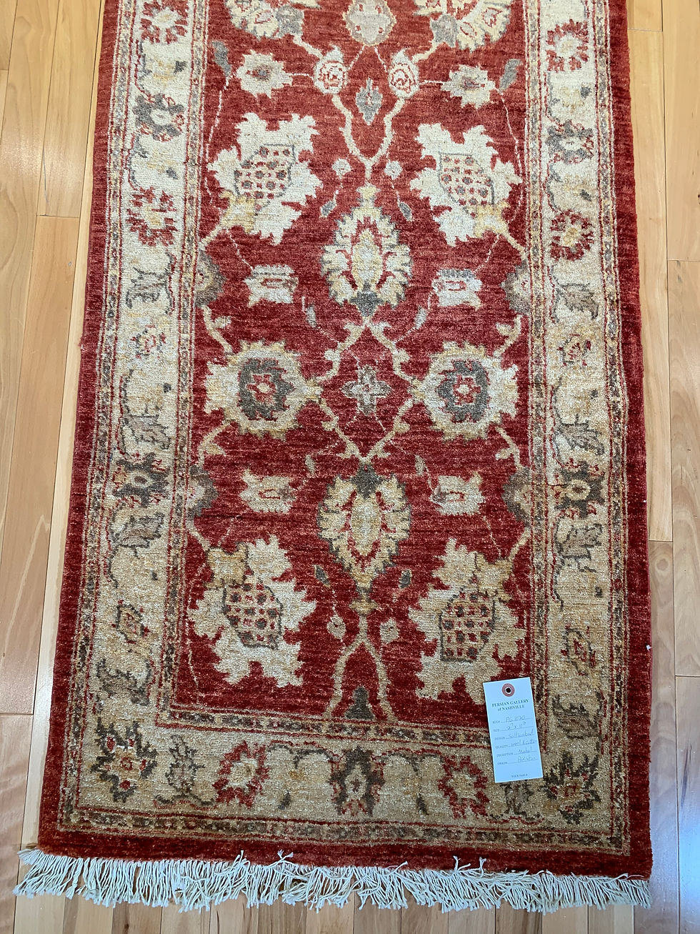 Thumbnail: Mahal  rug at Persian Gallery. Hand-knotted in Pakistan, the classic Mahal design, red and beige, made with wool and cotton