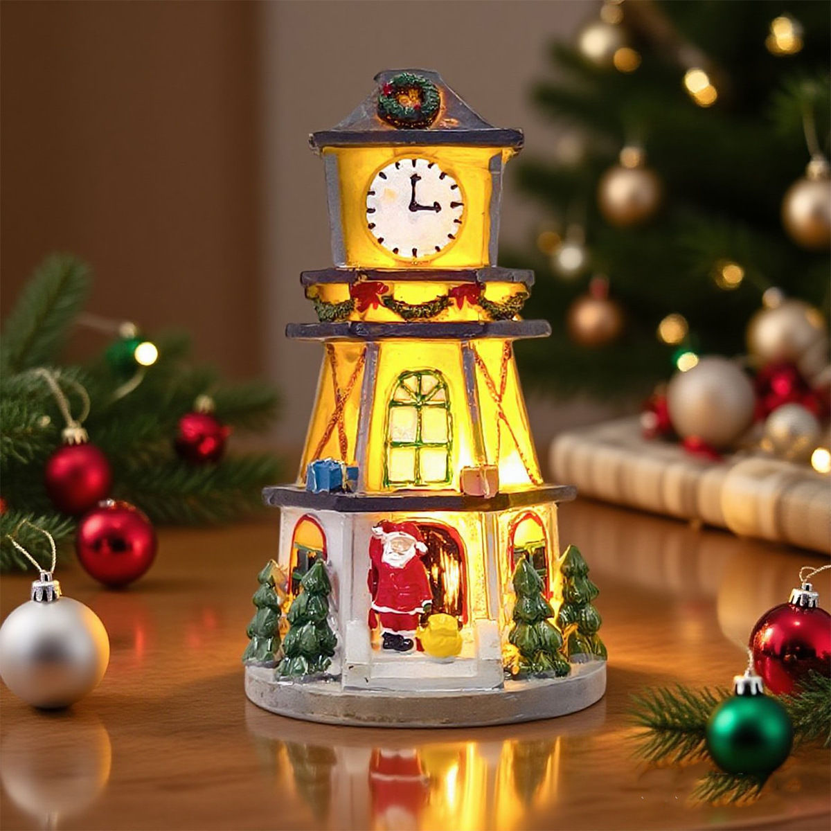 Christmas Village House Bell Tower Decor Figurines Resin House LED Light Up Scul