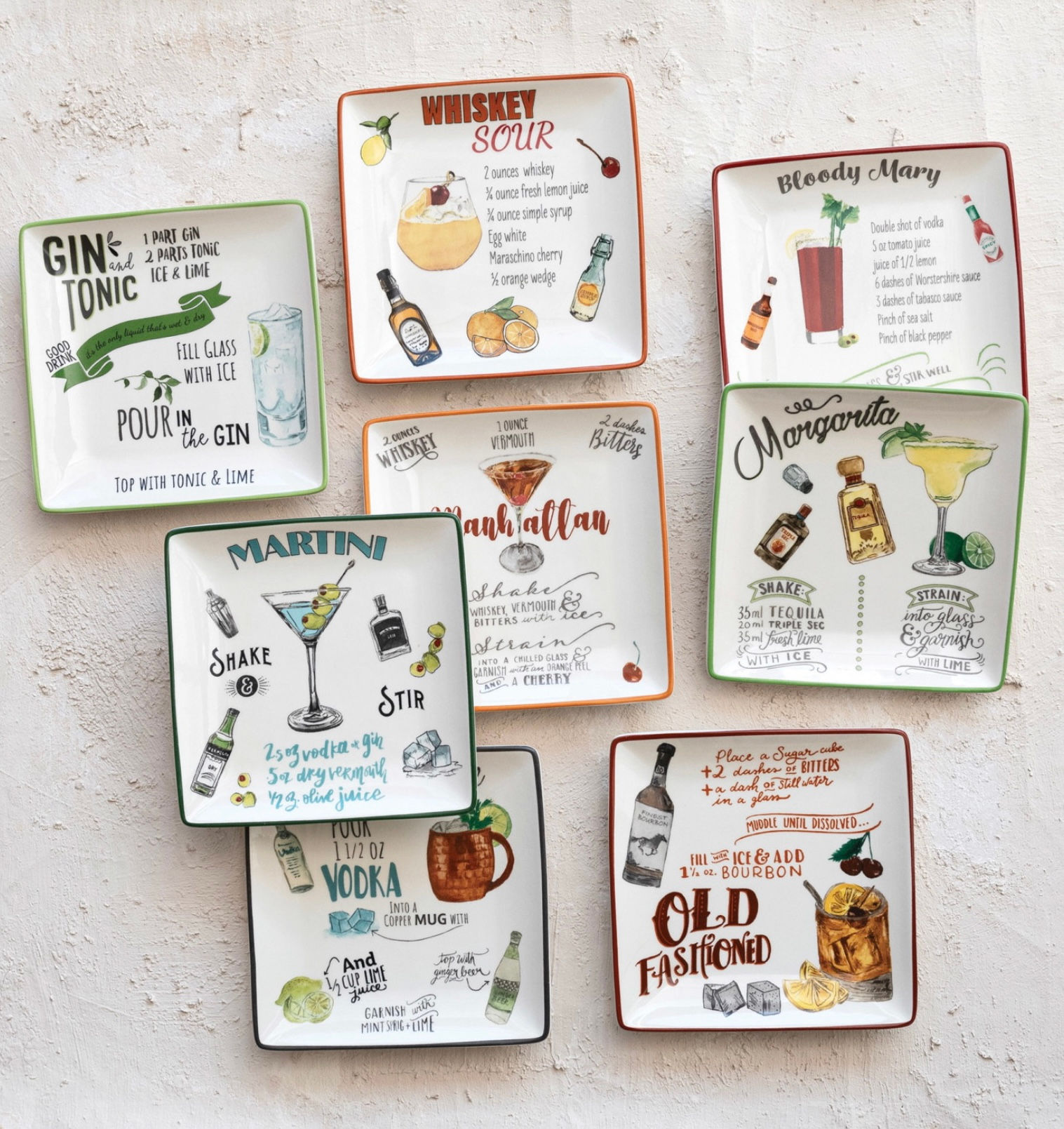 Square Stoneware Plate W/ Cocktail Recipe & Art