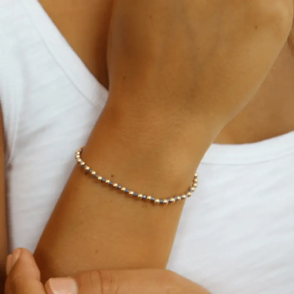 Erin Gray 3mm Stormy Blue & Gold Waterproof 7” bracelet