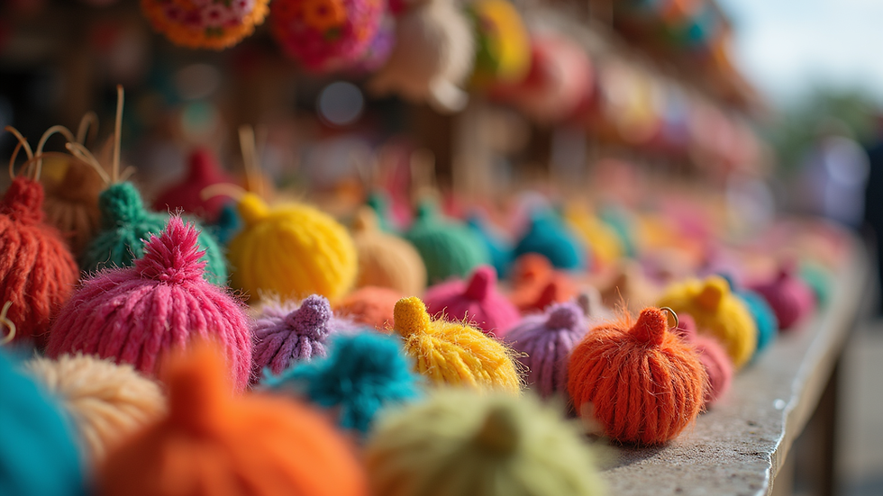 Close-up view of colorful handmade crafts displayed at a charity fundraiser