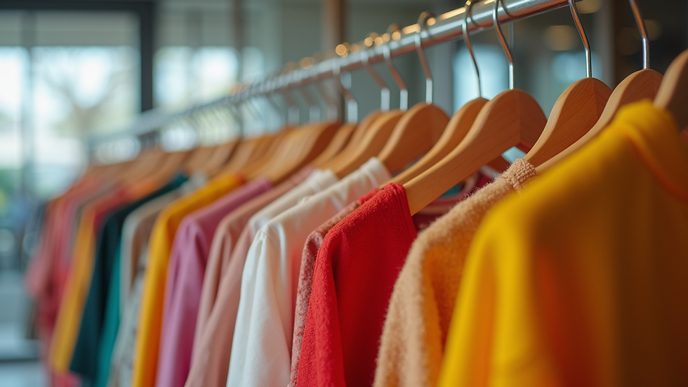 Eye-level view of a clothing rack with colorful trendy dresses
