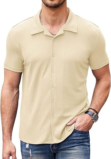 Thumbnail: COOFANDY Men Summer Button Down Shirts Short Sleeve Cuban Shirts Knit Slim Fit B