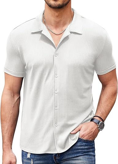 Thumbnail: COOFANDY Men Summer Button Down Shirts Short Sleeve Cuban Shirts Knit Slim Fit B