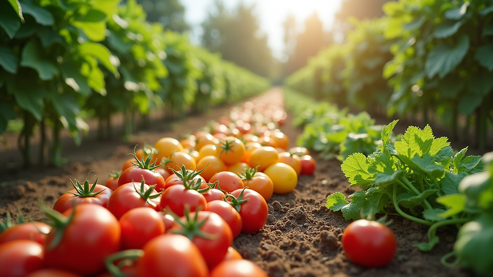 Wide angle view of a vibrant organic farm with fresh produce