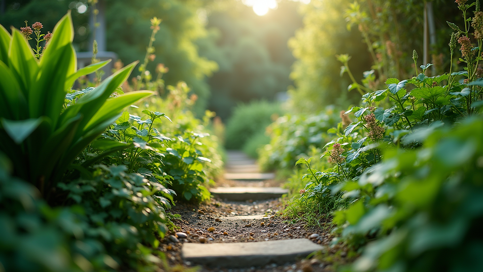 Eye-level view of a lush green garden with diverse plants
