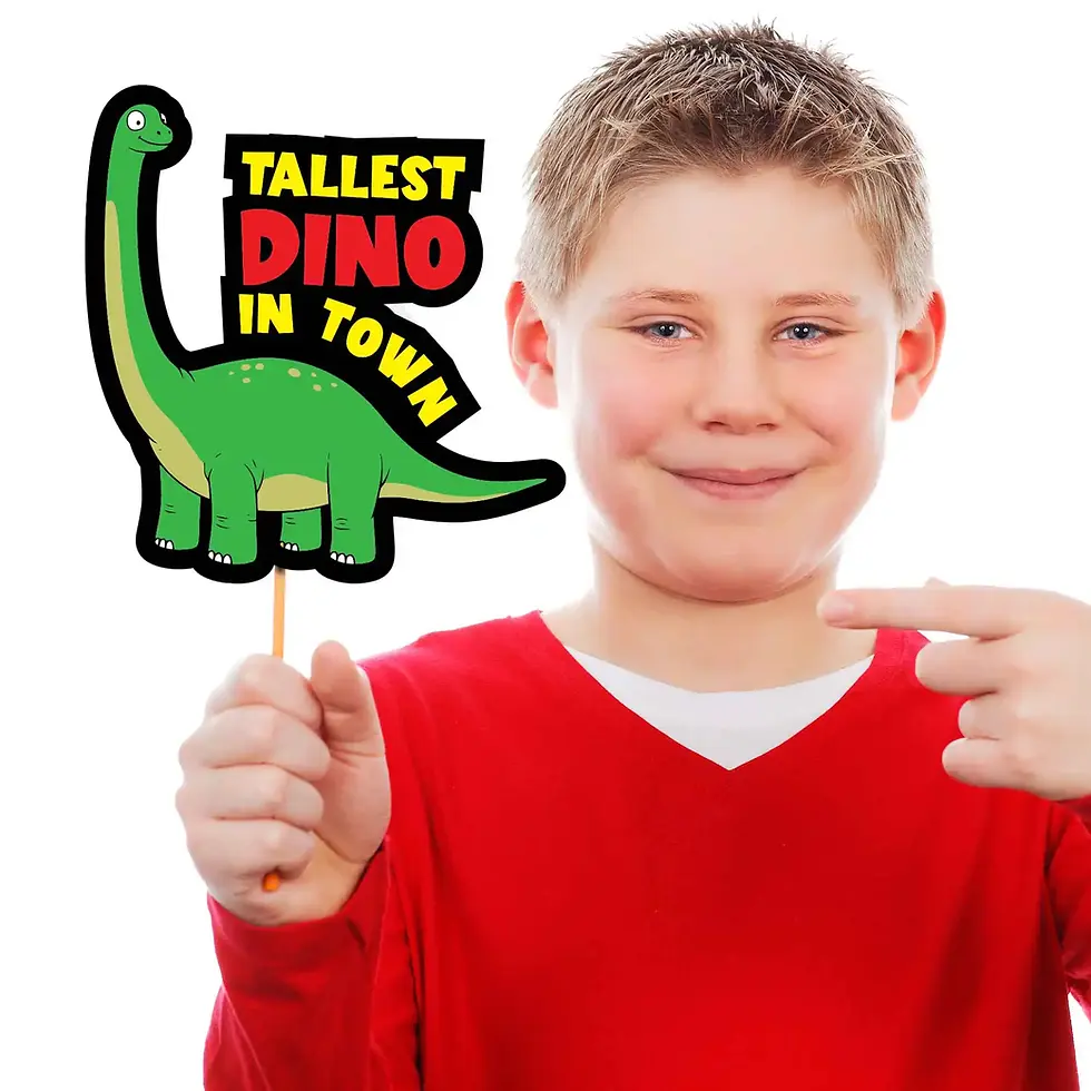 Thumbnail: boy holding a Jurassic Park Party Printable prop - brontosaurus