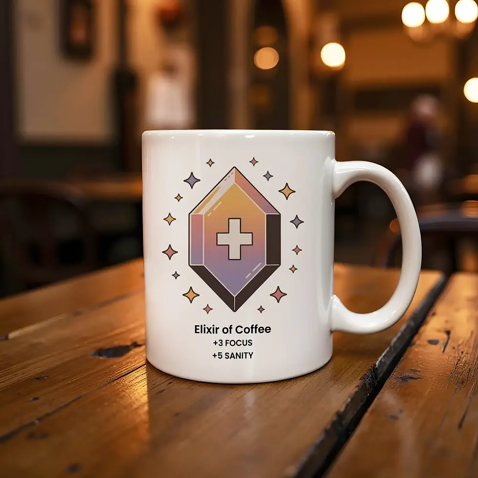 Thumbnail: Dungeons and Dragons Mug - Elixir of Coffee on a wooden table