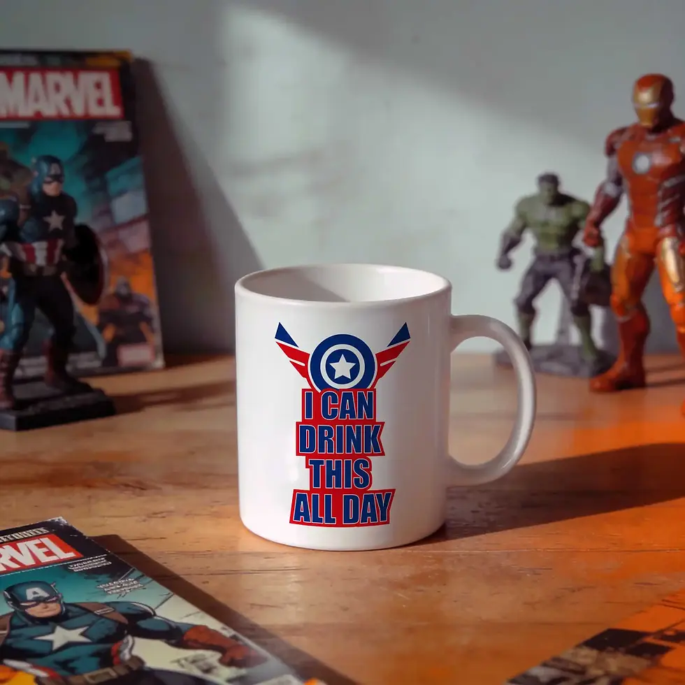 Thumbnail: Marvel Mug - Captain America - on a table with marvel toys