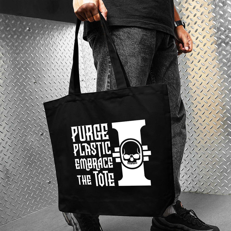Thumbnail: Person holding black tote bag: Purge Plastic, Embrace the Tote