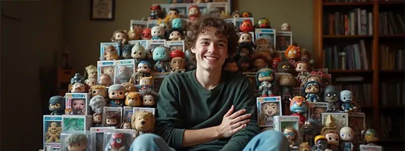 young man surrounded by lots of geeky gifts