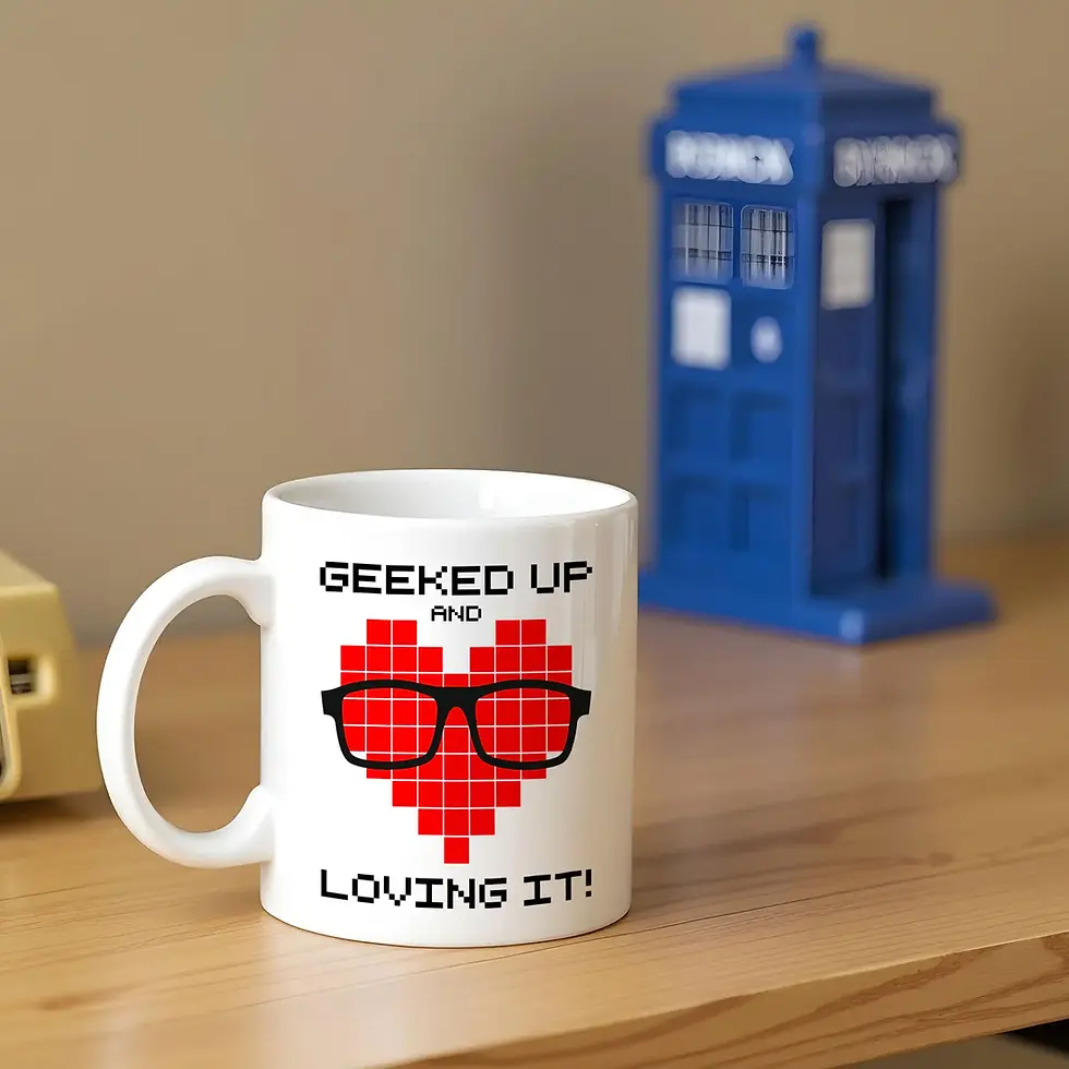 geek mug with love heart design on a table