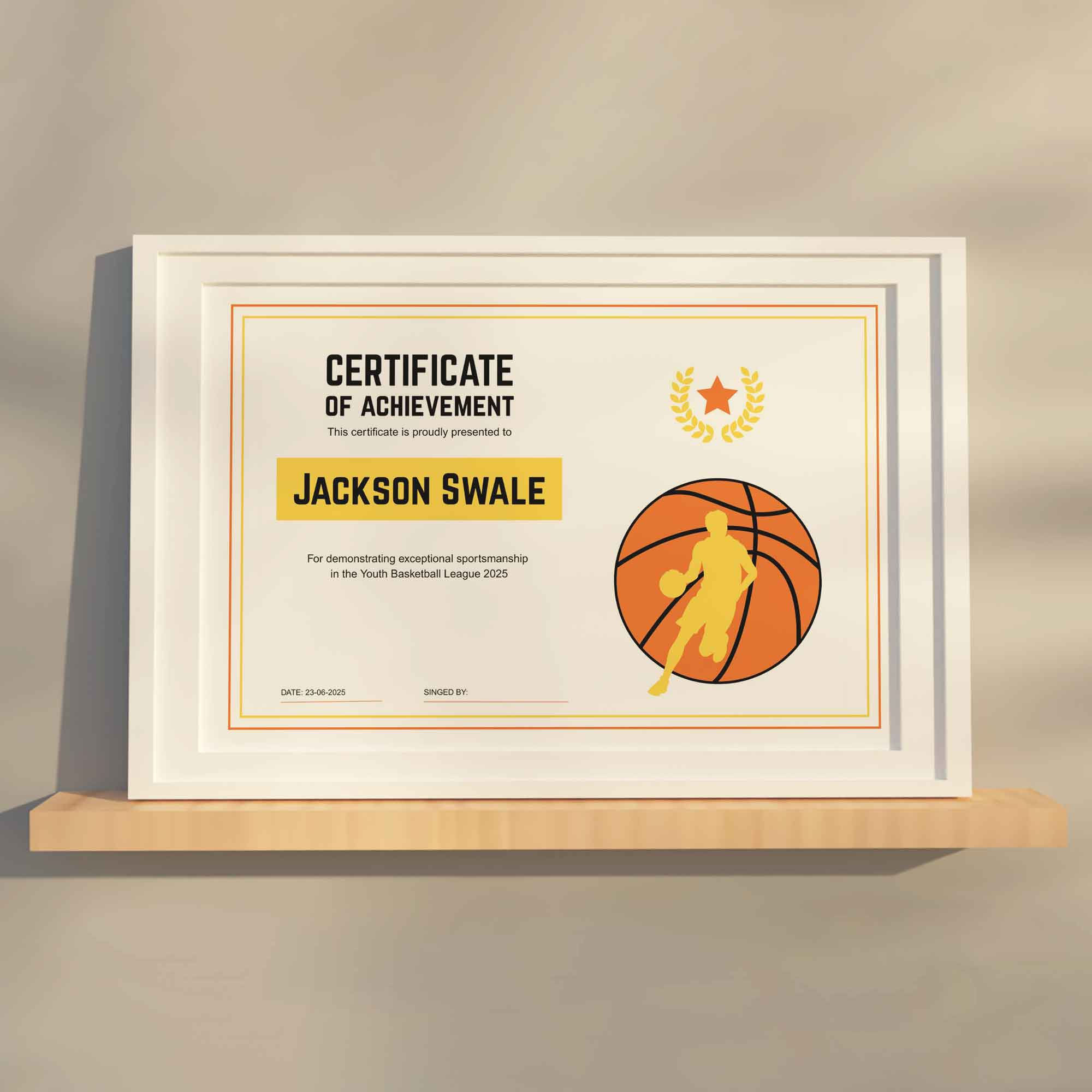 Basketball award certificate in a frame
