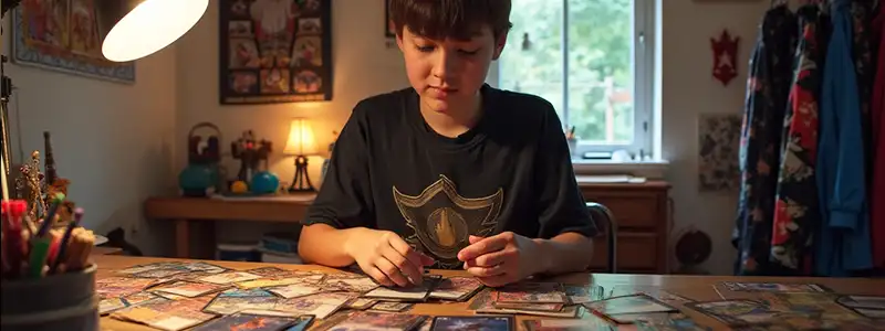 boy looking at his magic the gathering cards
