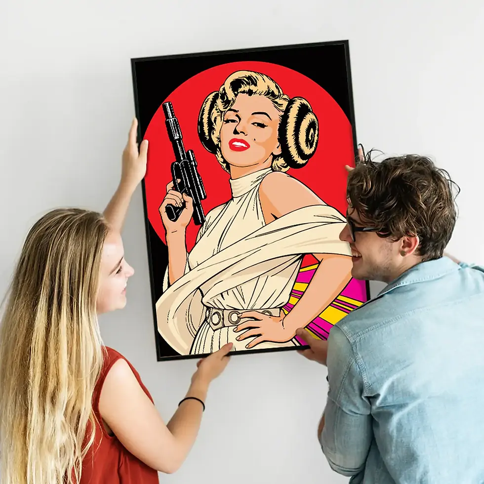 Thumbnail: couple holding a Marilyn Monroe as Princess Leia framed Wall Art