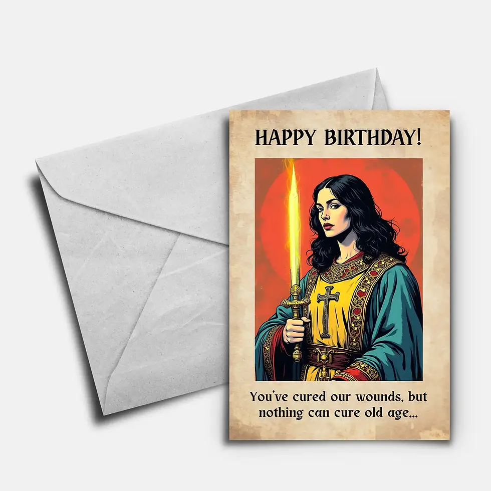 Thumbnail: DnD cleric birthday card next to an envalope