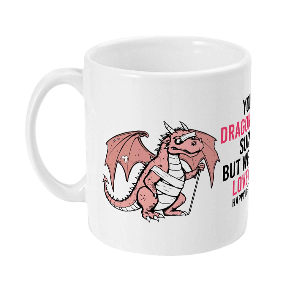 Thumbnail: Bandaged dragon mug: "Your dragon may be super scary, but we love him anyway."