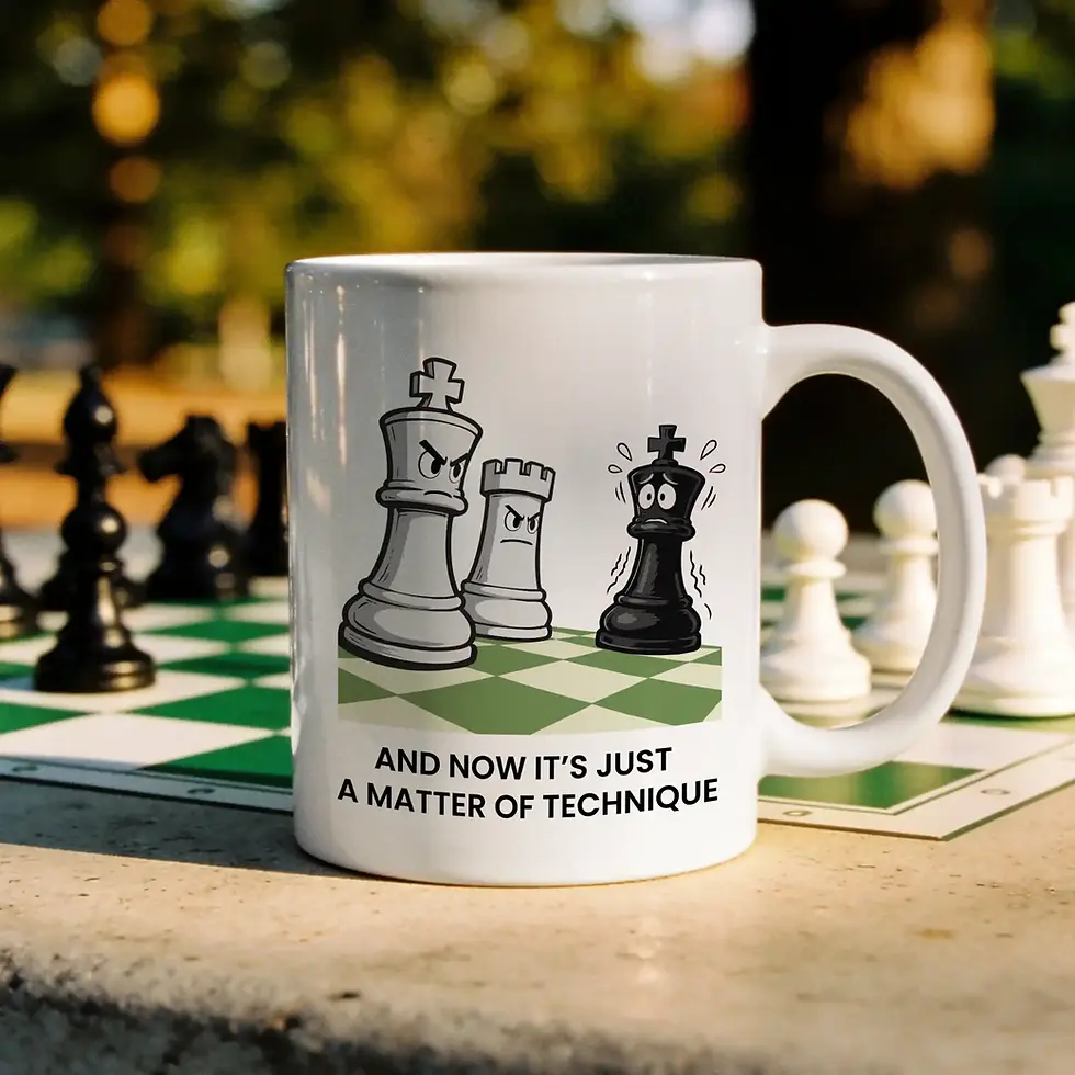 Funny Chess Mug on a stone table with chess board in the background