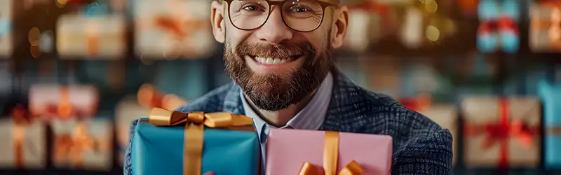 geeky man smiling with a gift