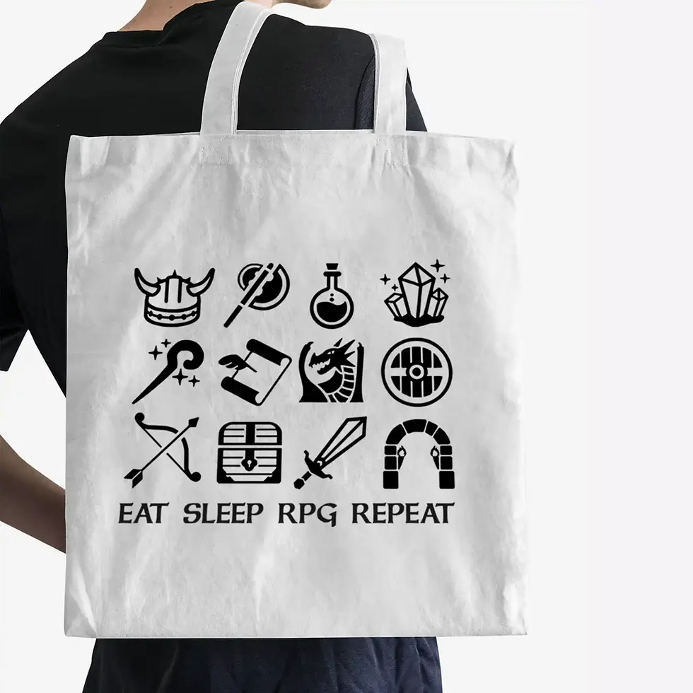Thumbnail: man shouldering a D&D Tote Bag - Eat Sleep RPG Repeat