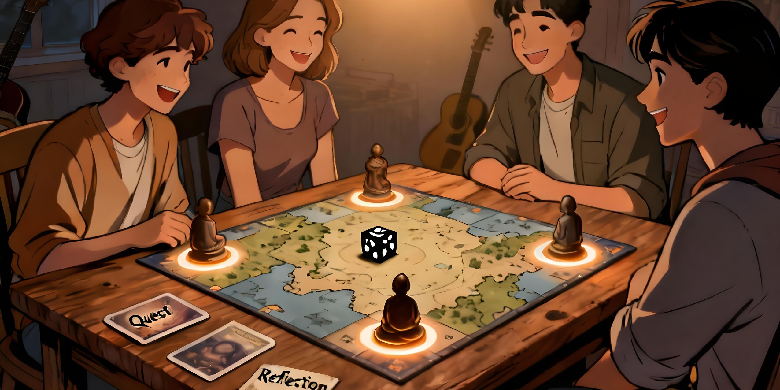 happy friends playing a minfulness board game