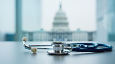 Stethoscope on desk overlooking capital
