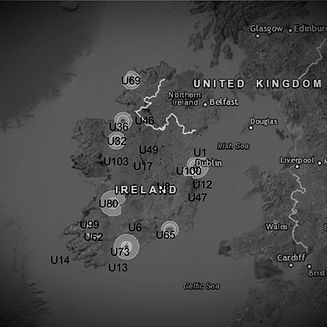 Grayscale map of Ireland, United Kingdom, displaying various 'U' location codes.