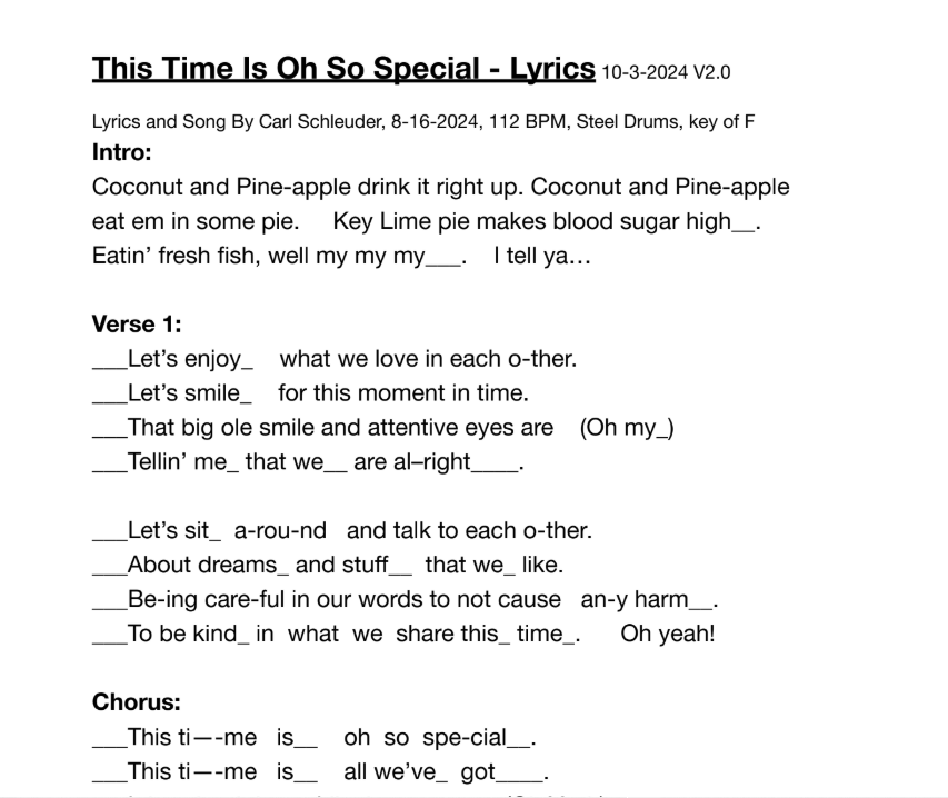 This Time Is Oh  So Special, lyric sheet