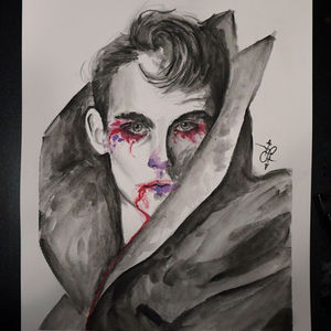 This piece is a portrait of a man that explores the complex relationship between perception and reality. The idea behind the work is to reflect how people are often impacted or disturbed by the sight of blood, yet the subject remains untouched by any emotion or reaction. Through the use of soft, flowing watercolors, I’ve created a calm and serene expression on the subject, contrasting the intensity and potential discomfort that blood can invoke. The piece invites viewers to question how we perceive the world around us and how we internalize external stimuli, challenging the notion that appearances always align with internal experience.