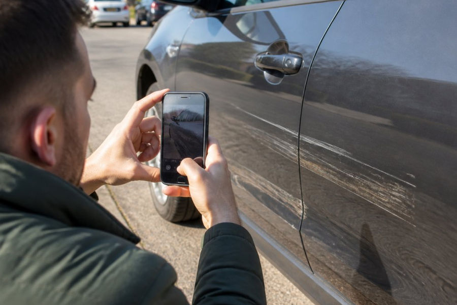 A person using a smartphone to photograph the side of a car with visible scratches, parked on a roadside during daylight