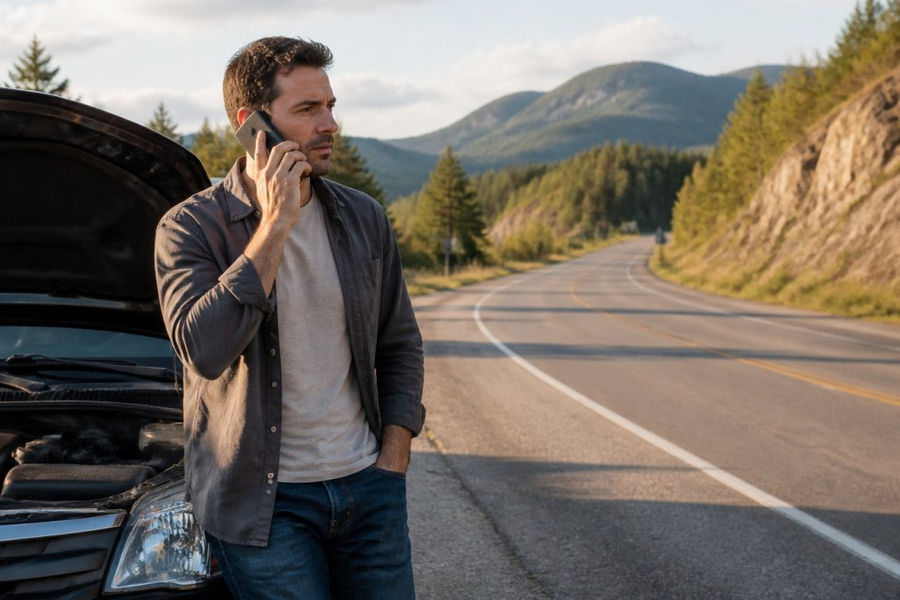 Driver standing beside a disabled vehicle on the roadside, speaking on a mobile phone to contact a towing service, with afternoon sunlight and highway visible in background