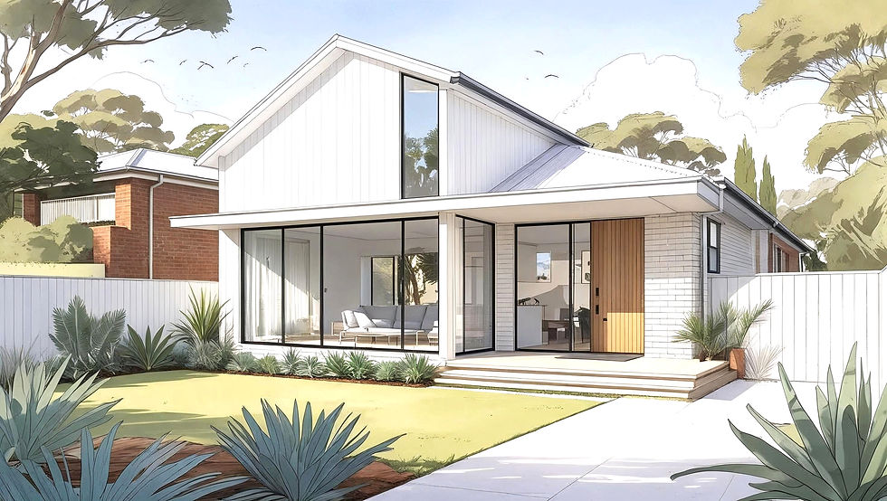 Architectural sketch of a modern Australian home extension, added onto the rear of a 1980'