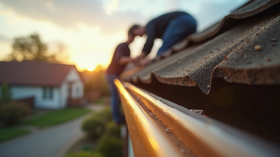 Eye-level view of a local gutter installation team working on a residential home