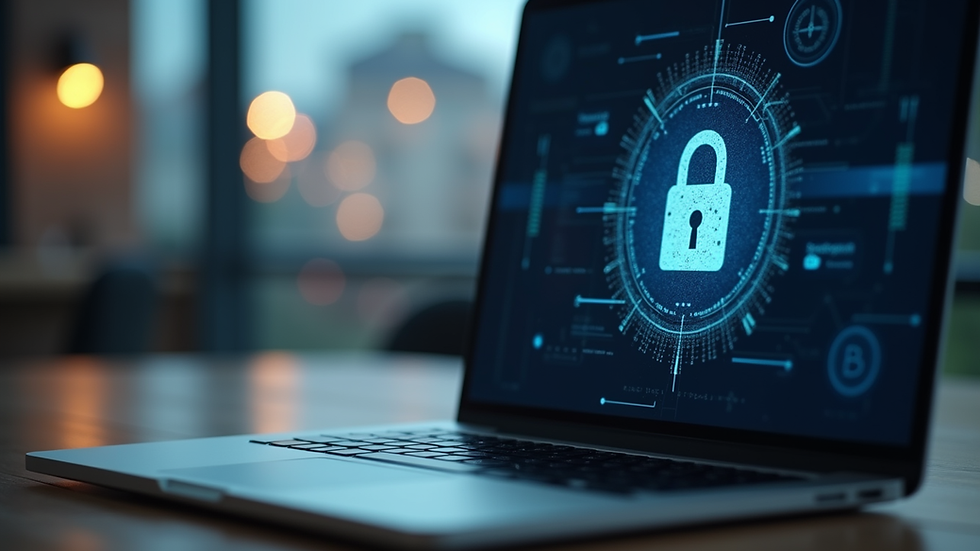 Close-up view of a laptop with a security lock symbol on the screen