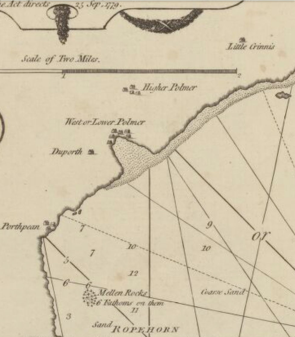 Sawyer's map of 1779. It shows West Polmear, and also the location of today's reef as "Coarse Sand."