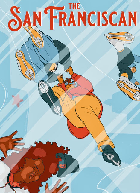 A title at the top says "The San Franciscan." The illustration shows a perspective form underneath the ice at an ice-skating rink. There are two figures holding hands while skating in the center, one smaller figure skating off to the right side, and one in the bottom left with their face pressed against the ice as if they have just fallen. The fallen figure's beanie has the San Francisco Giants symbol on it. 