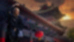 Headerbild mit einem chinesischen Tempel und einem Mann der eine Kund Fu Pose ausübt.