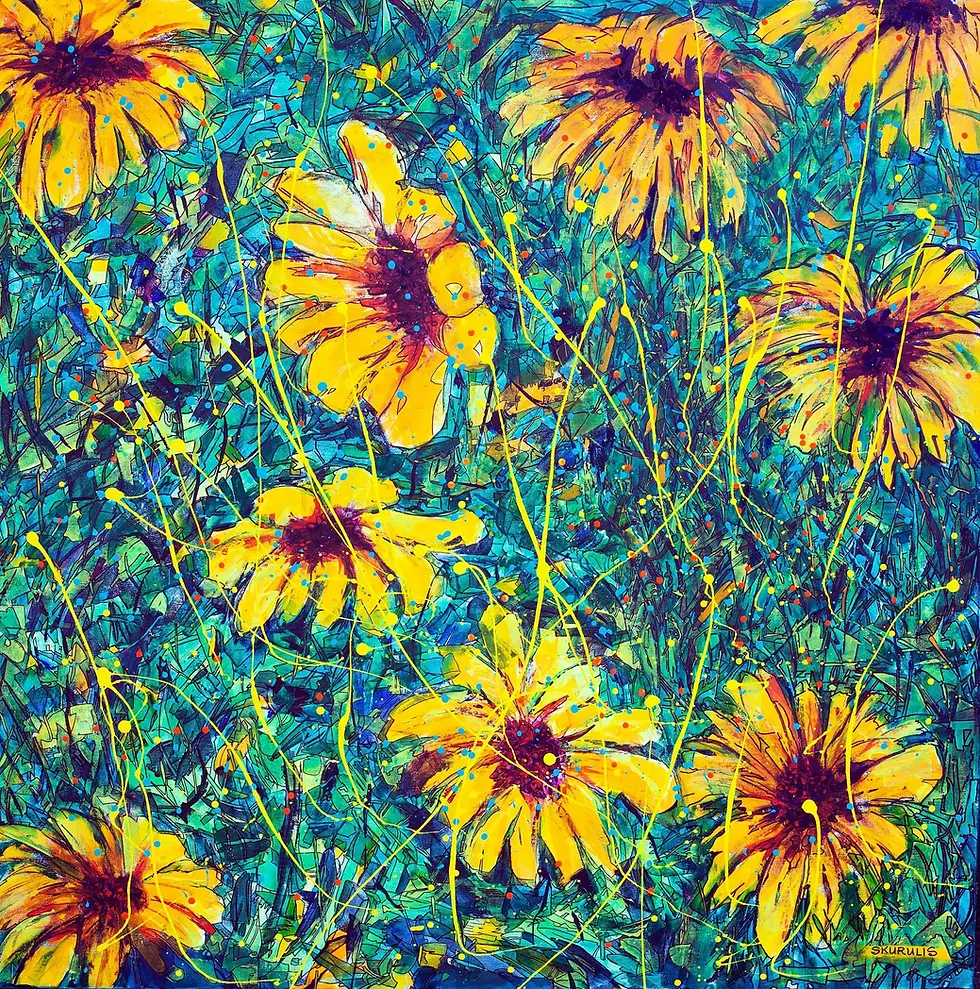 "Beverley Skurulis colourful naive oil painting featuring an expressive, loose depiction of sunflowers over a background block of multi-toned green hues."